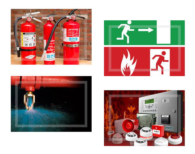 The picture contains Fire Extinguisher and all types of firs safety equipments